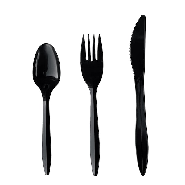 Four-Piece Cutlery Kit, Fork/Knife/Teaspoon/Napkin, Mediumweight, Black, 250PK